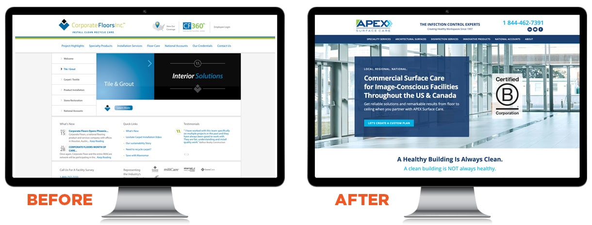 APEX surface care Full rebrand, website design and development.