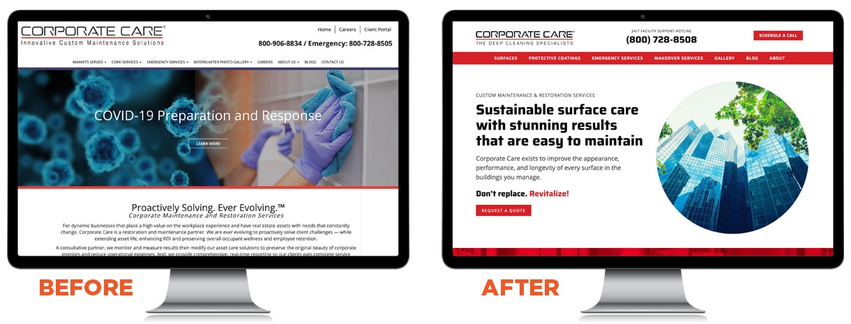Corporate Care before and after - Full rebrand, messaging, website design and development.