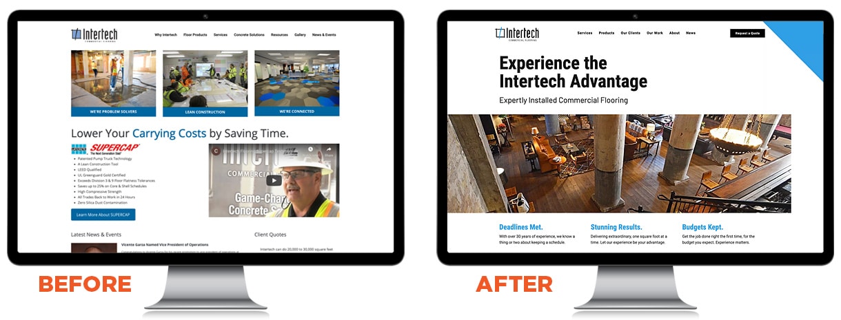 Intertech Flooring Before and After - Full rebrand, website design and development.
